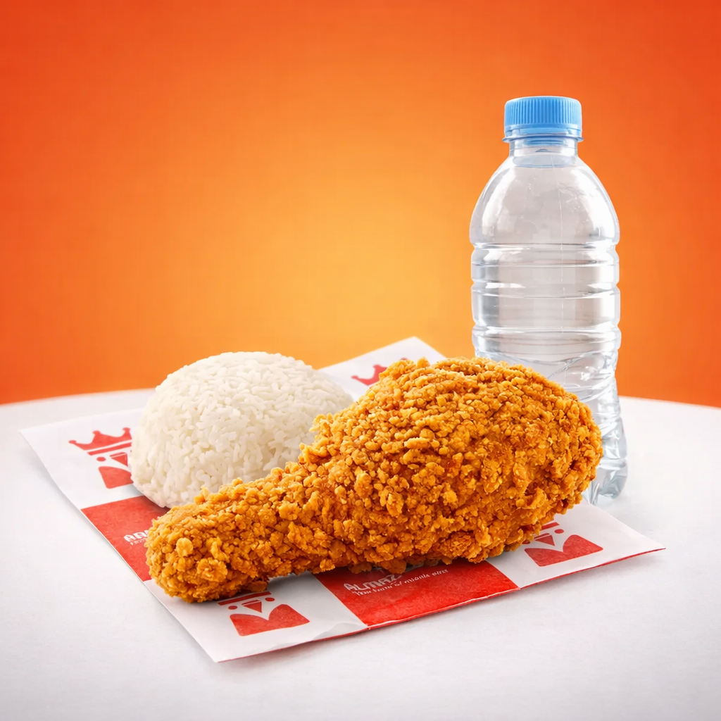 Panas Mix 1 Almaz Chicken — 1 nasi putih, 1 crispy chicken dan 1 air mineral